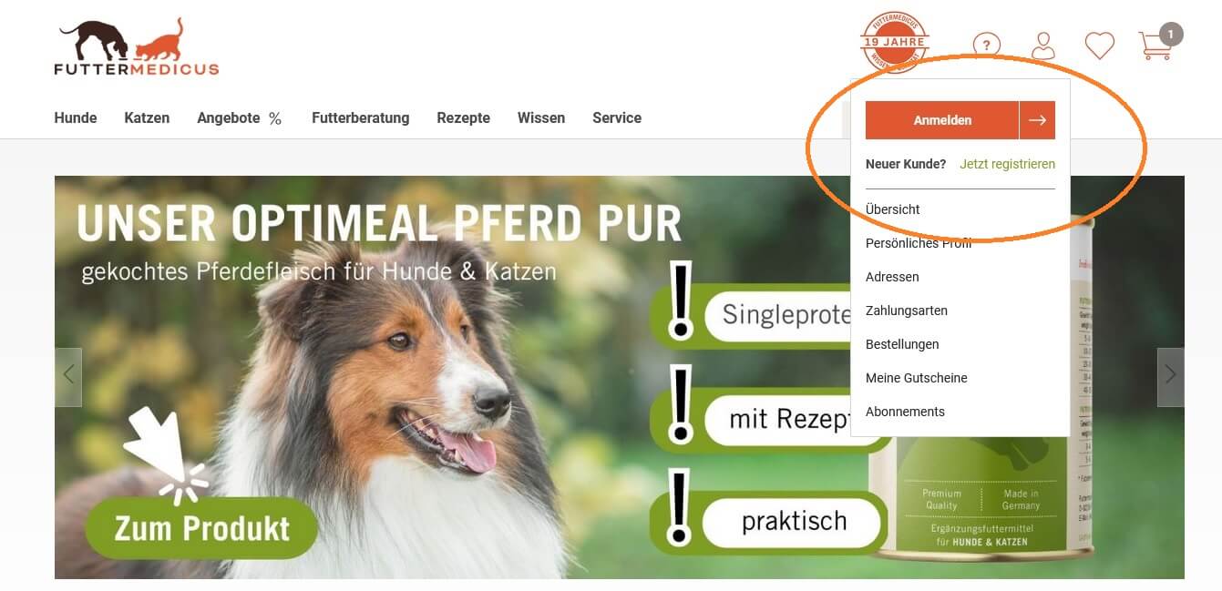 FAQ Bestellung | Anmeldung: orangener Button rechte obere Ecke FAQ Bestellung | Anmeldung: orangener Button rechte obere Ecke