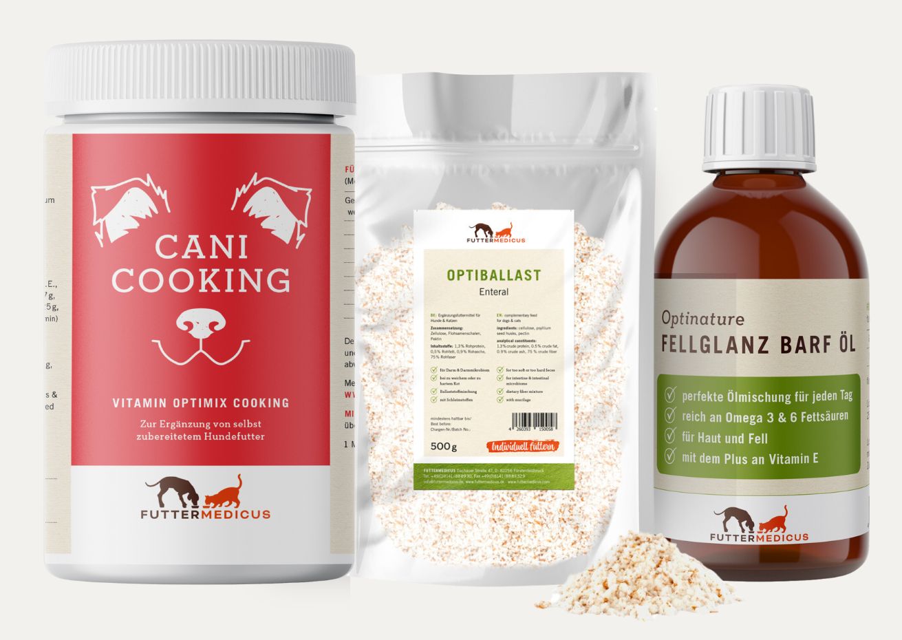 Lieblingsprodukte | Vitamin Cani Cooking, Optiballast enteral, Optinature Fellglanz Barföl