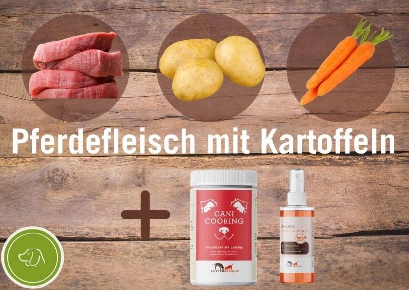 Kochen für Hunde - Schonkost Rezept mit Pferd und Kartoffeln Pferdefleisch mit Kartoffel, Karotten, Vitamin Optimix Cani Cooking und Lachsöl