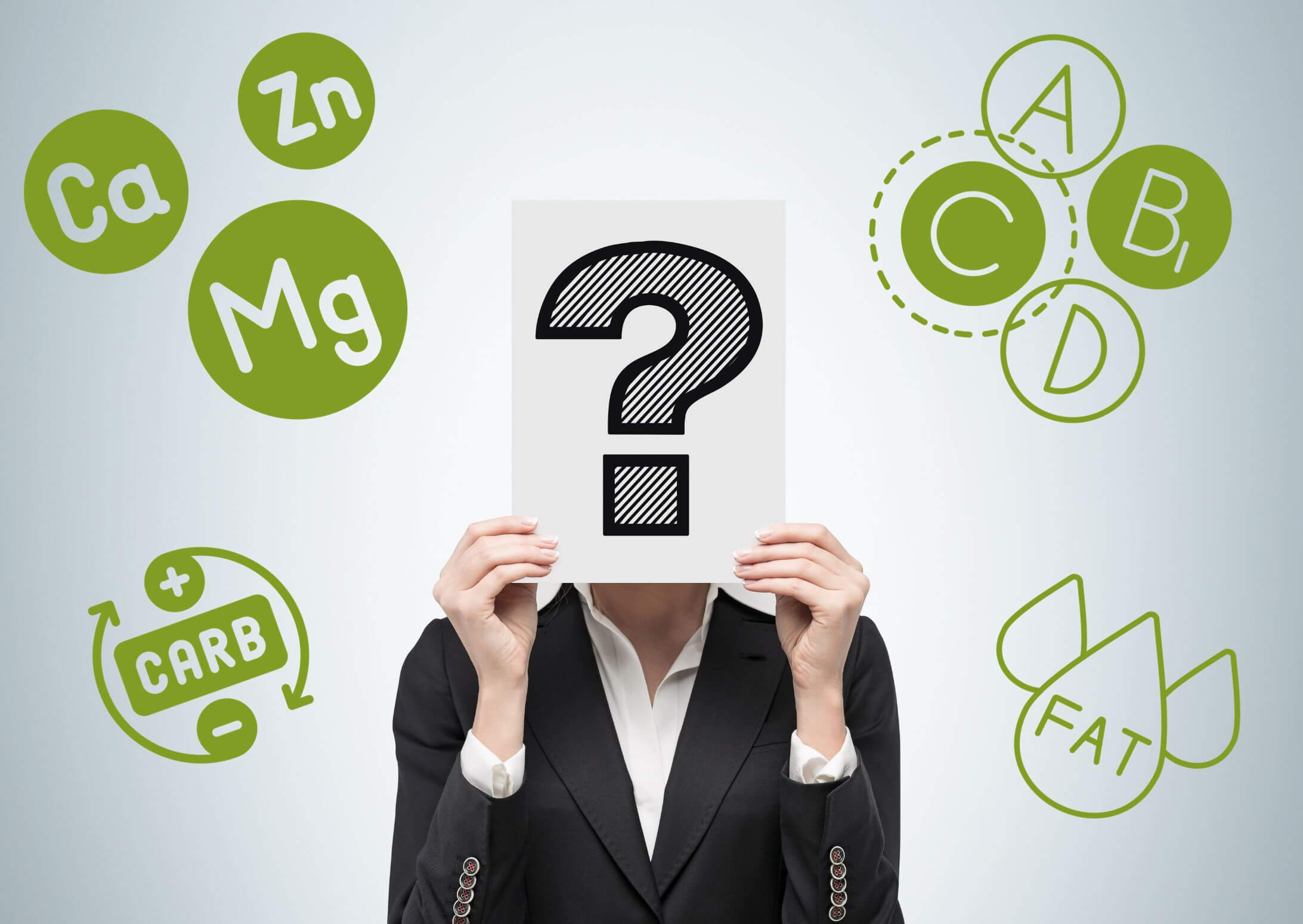 Fertigfutter| Person mit Fragezeichen und Symbole für Kohlenhydrate, Fett, Calcium, Zink, Magnesium, Vitamine Fertigfutter| Person mit Fragezeichen und Symbole für Kohlenhydrate, Fett, Calcium, Zink, Magnesium, Vitamine